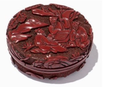 Lot 145 - "Tihong " carved Cinnabar Lacquered circular box with Scholars