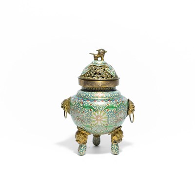 Lot 143 - Chinese cloisonné tripod incense burner (or censer), made of gilded bronze and enameled copper.