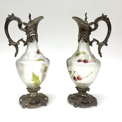 Lot 17 - Pair of Enameled Glass Decanters with Silver-Plated Pewter Mounts