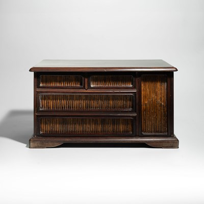 Lot 14 - A two side walnut and dark wood chest of drawers with cane paneling