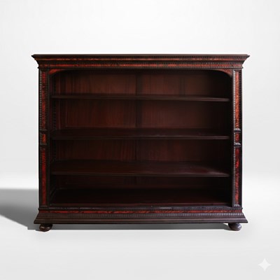 Lot 19 - A black wood bookcase with "faux red tortoise"and sliding glass door
