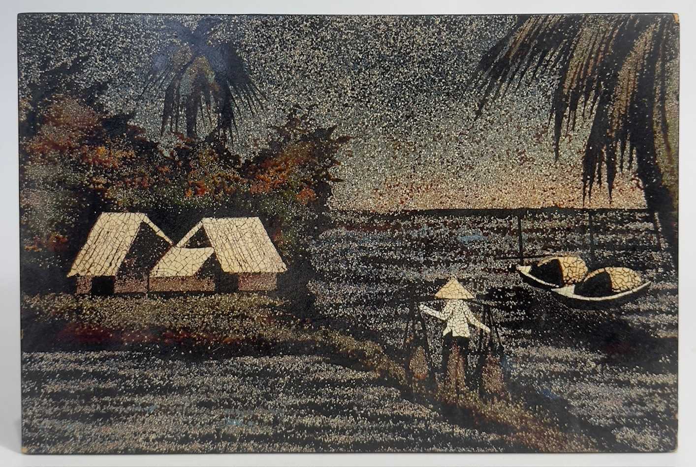 Lot 56 - A vietnamese polychrome lacquer panel with eggshell inlays