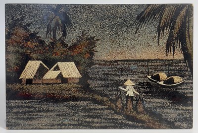 Lot 56 - A vietnamese polychrome lacquer panel with eggshell inlays