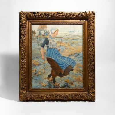 Lot 35 - A coastal scene with a fishwife by a beach, signed Alexander Rau(1878-1944)